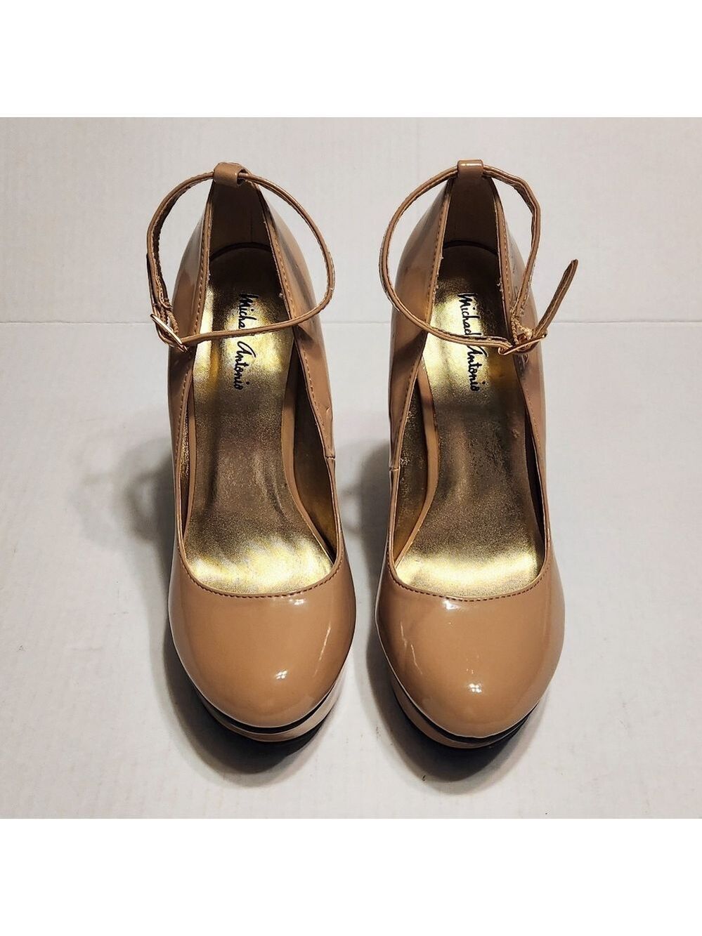 Michael Antonio Patent Leather Ankle Strap Platform Stiletto Heel Pump Beige 8 - Picture 5 of 12